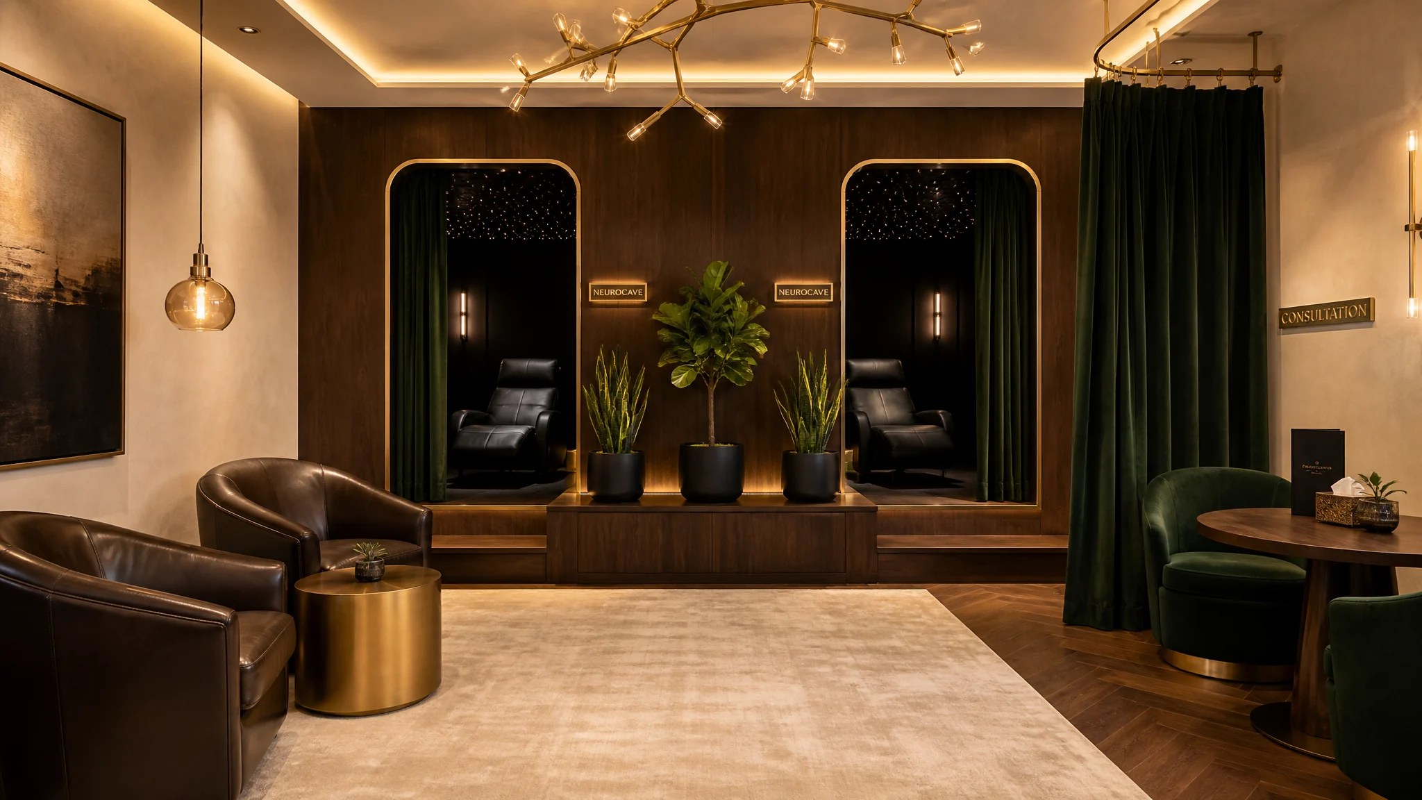 Rendering of the Cortex & Calm Neurocave suite, a private low-light room for autonomic downregulation