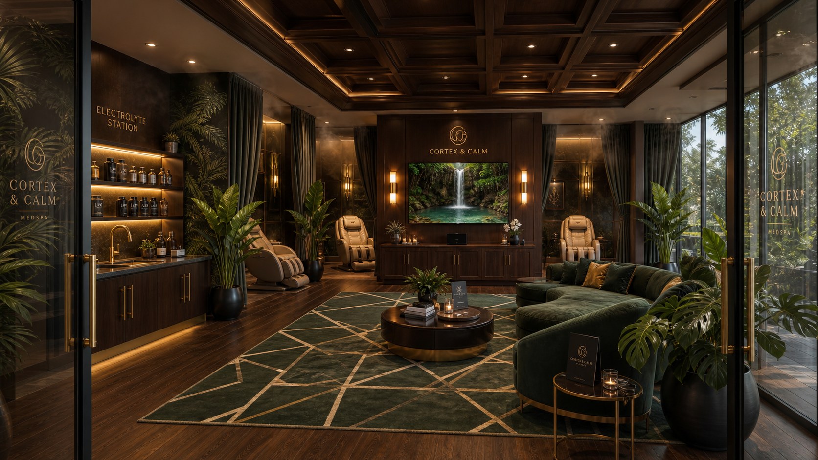 Rendering of the Cortex & Calm NeuroSpa lounge with walnut coffered ceiling and green velvet seating